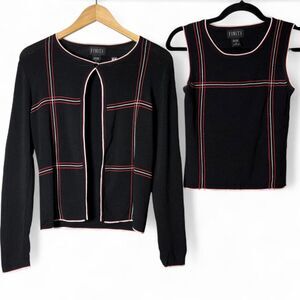90s/y2K Vintage Black Red Grid Knit Matching Cardigan + Tank Twin Set Size M